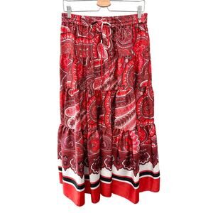 RALPH LAUREN | Red Paisley Drawstring Tiered Midi Skirt Boho Preppy | Medium